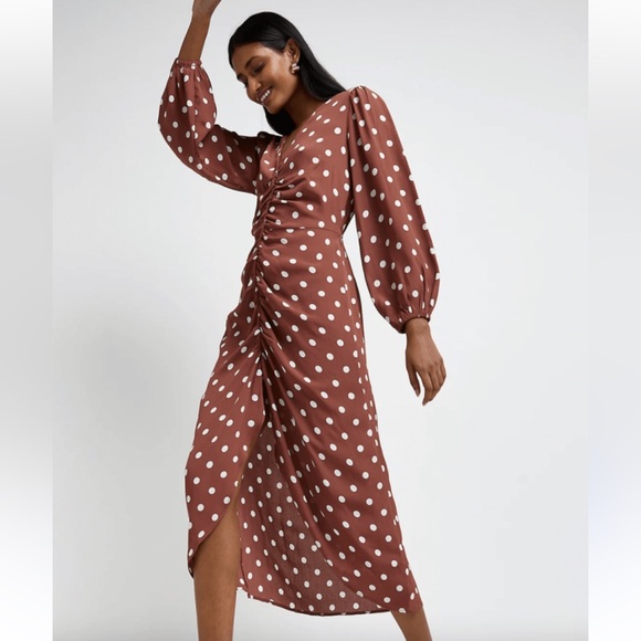 River Island Dresses & Skirts - River Island Rust Brown & White Polka Dot Midi Dress